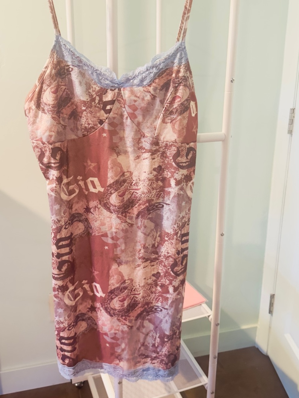 Women's Printed Satin Slip with Lace Trim - Pink Rust